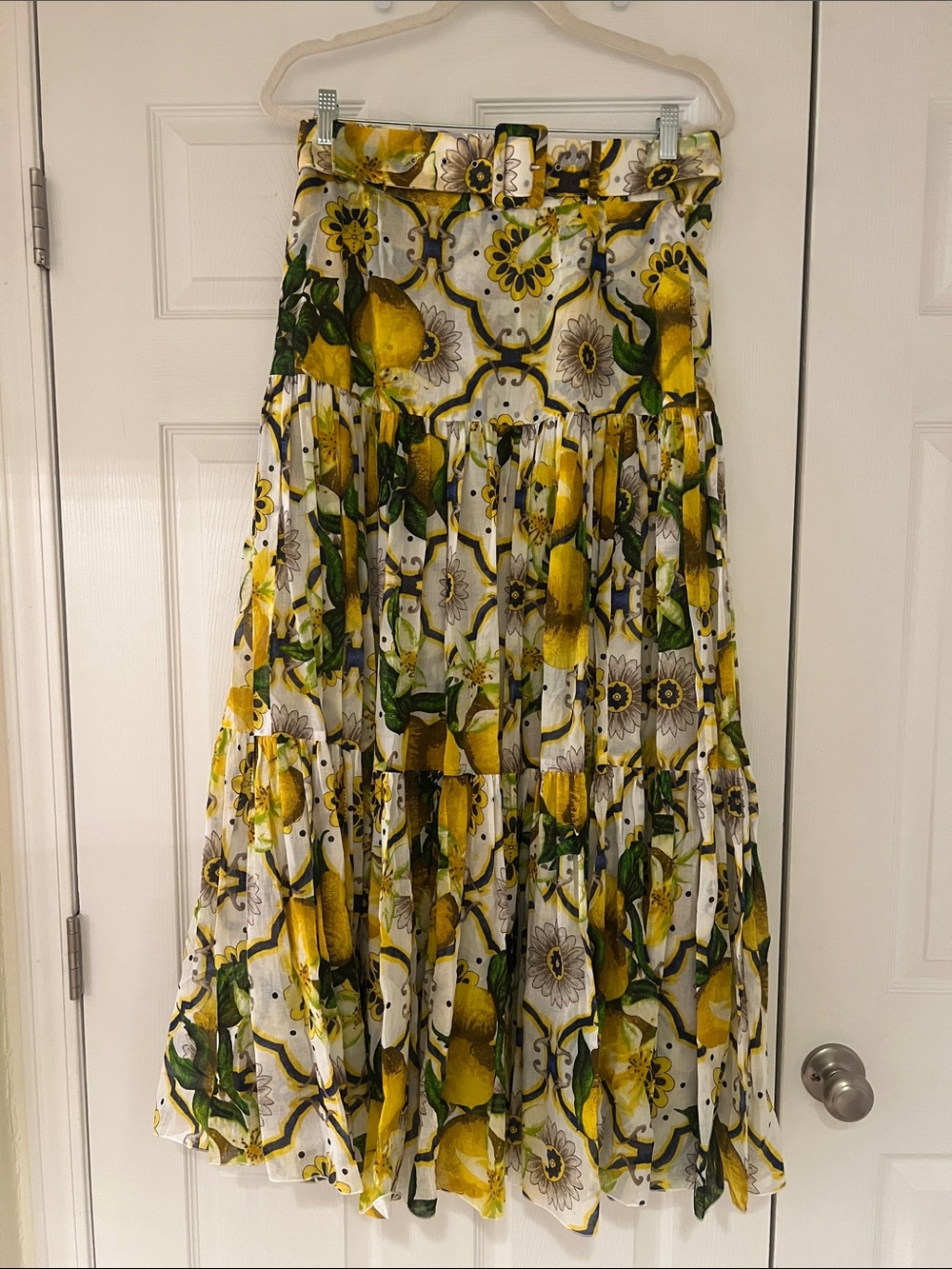 SAMANTHA SUNG Lemon Print Tiered Maxi Skirt in Yellow, Green, White